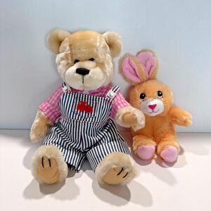 Vintage Lot of 2 Plushies Brass Button Bear Harper Jumpsuit Bunny Rabbit